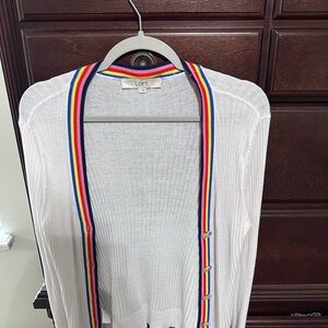 LOFT White Cardigan with Rainbow Trim